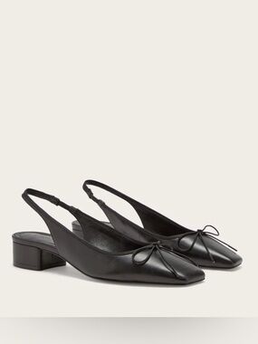 Everlane Black Leather Slingback Low Heel with Bow Detail